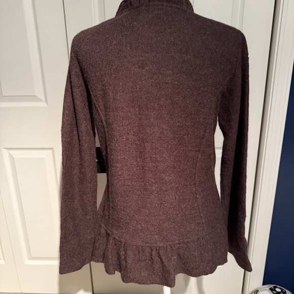 Cynthia Rowley 100% Wool Sweater Jacket Ruffle Felted Floral Accent Brown Medium - Picture 11 of 11